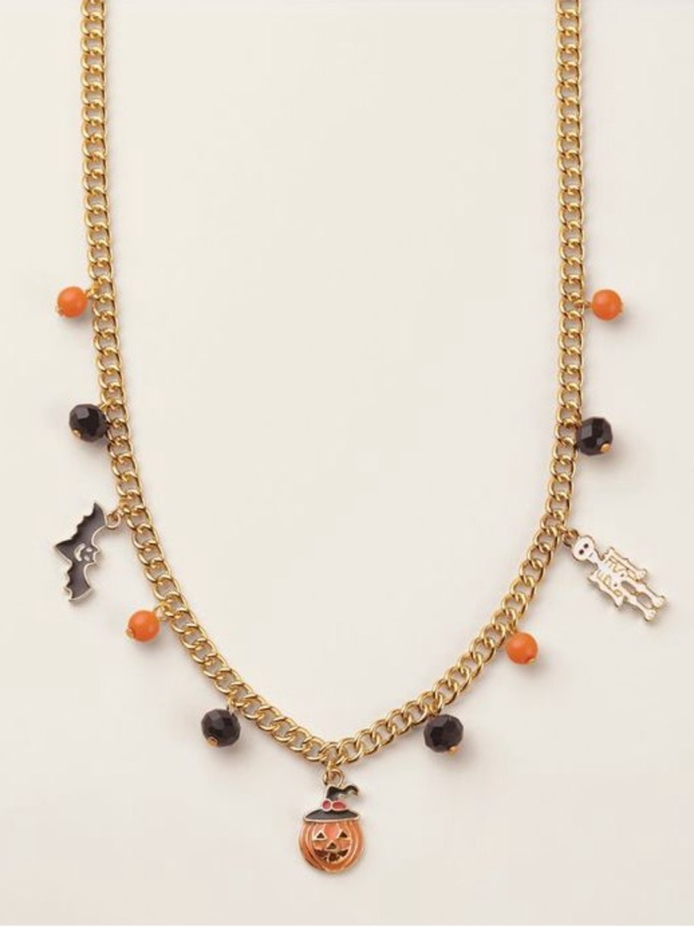 Gold Halloween Charm Necklace with Orange & Black Beads